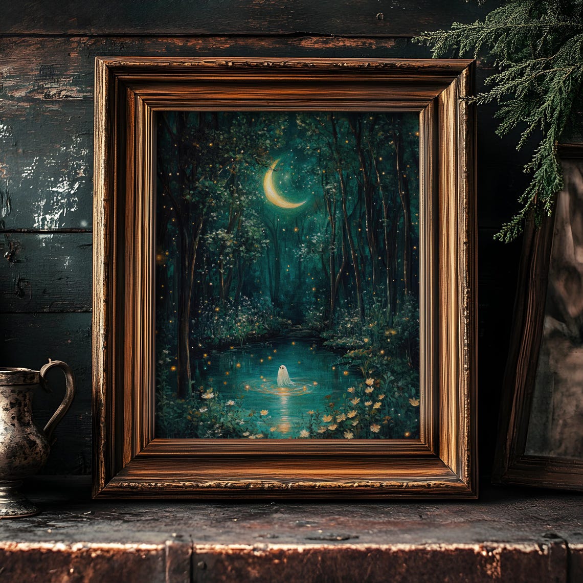 Ghost Floating Over a Moonlit Lake Under a Crescent Moon Poster - Image 2