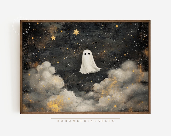 Cute Ghost Among Stars In Moody Dark Night Sky Spooky Halloween Poster