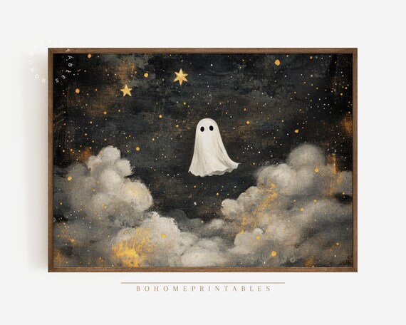 Cute Ghost Art Print Halloween Painting Spooky Decor Celestial Wall Art Ghost Print Cute Halloween Ghost Decoration Whimsical Art Print