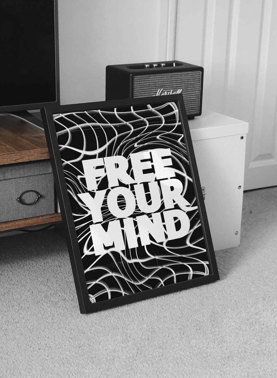 Free Your Mind Bold Black White Retro Swirl Typography Poster - Image 2