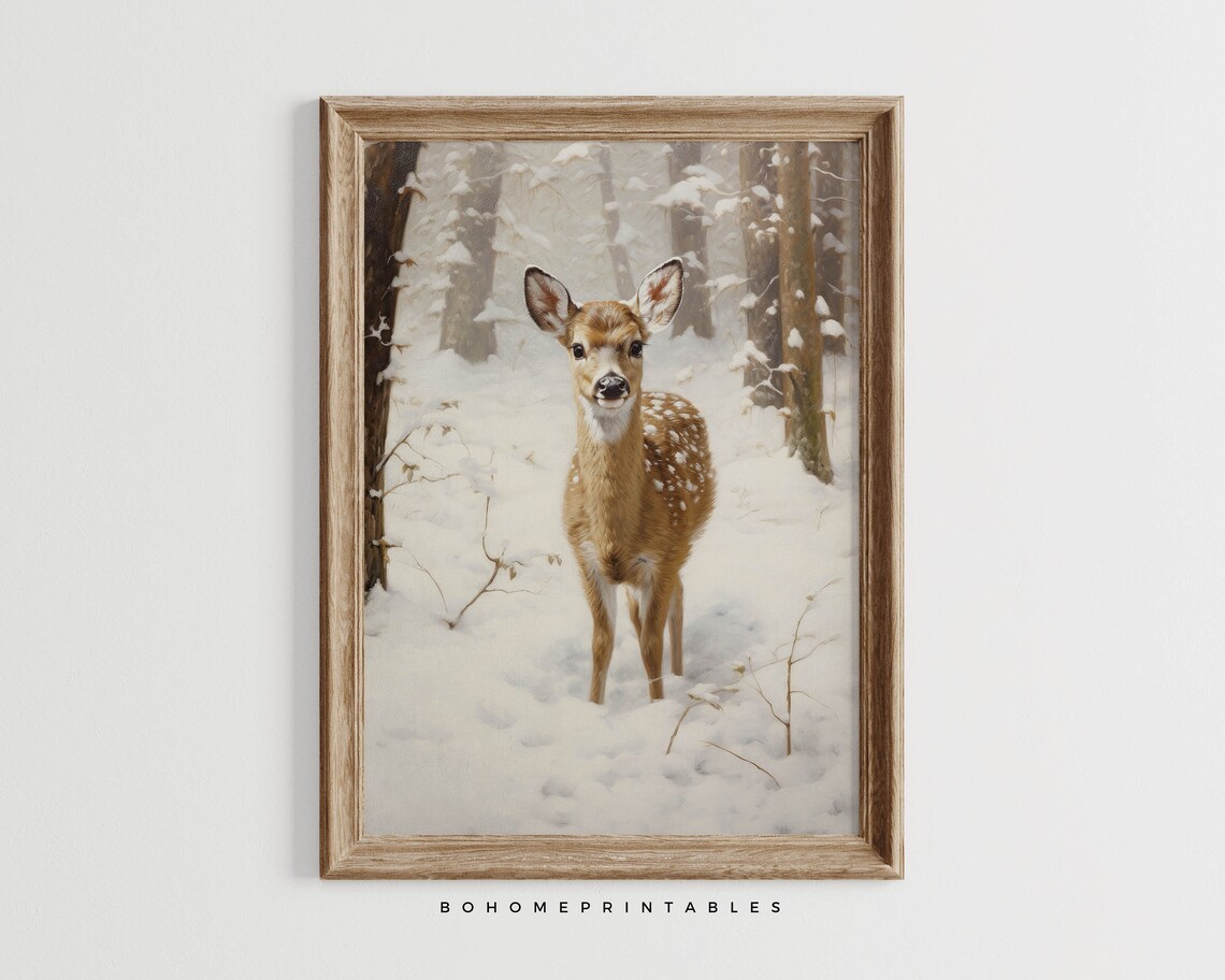 Spotted Fawn in a Snowy Winter Forest Vintage Christmas Wildlife Poster