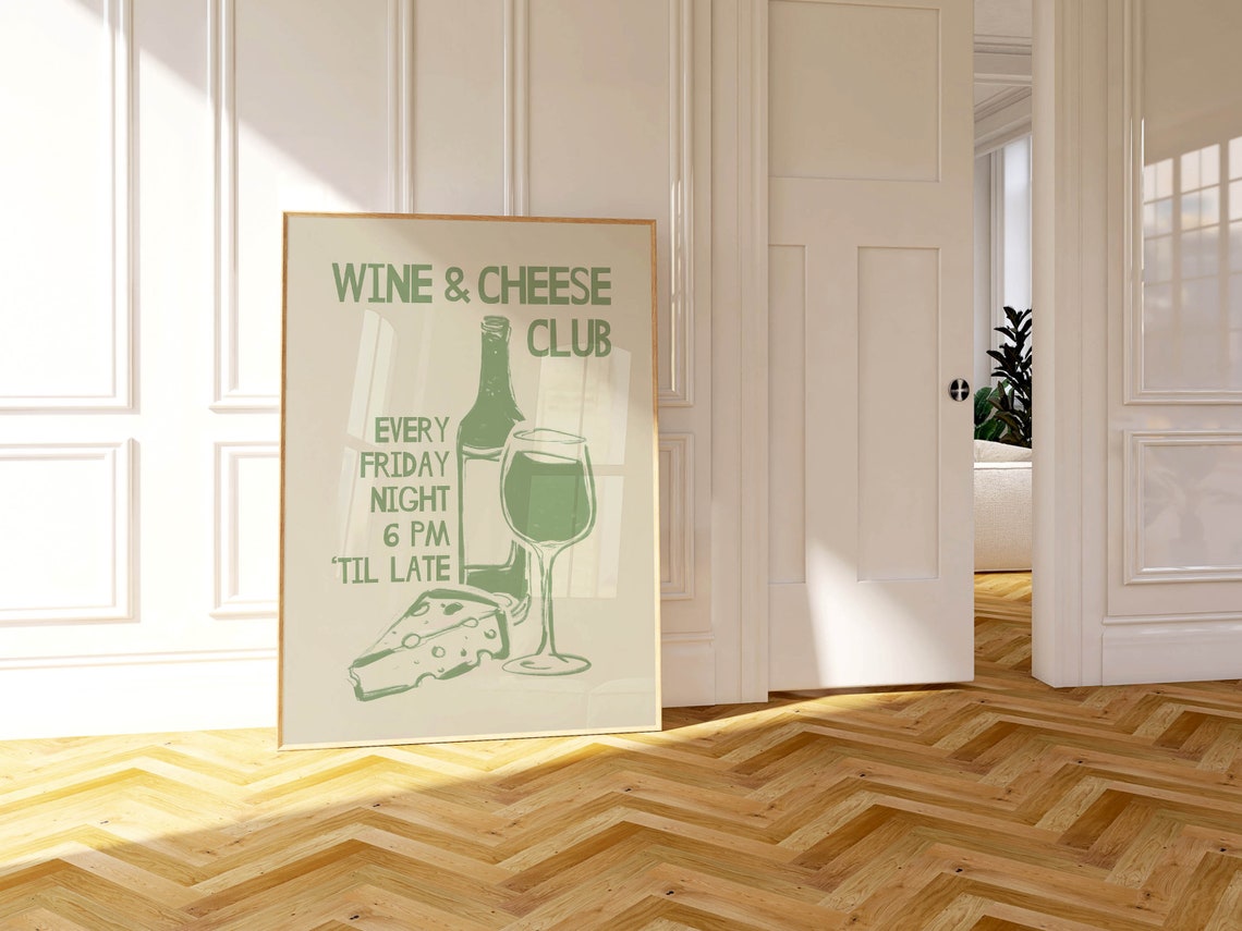 Wine and Cheese Club Friday Night Sage Green Typography Poster - Image 2