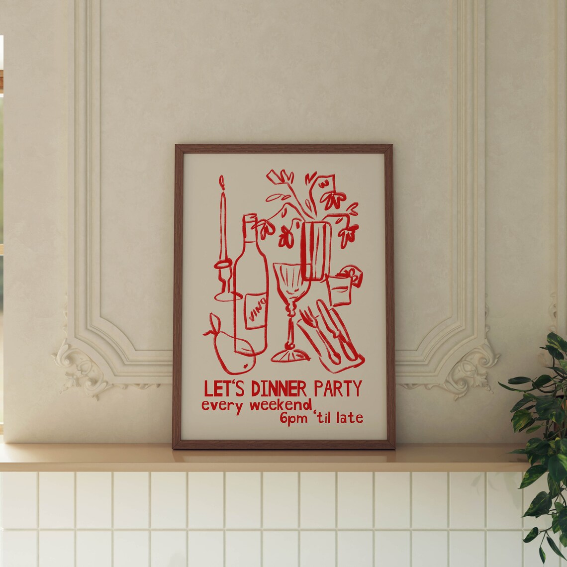 Let's Dinner Party Red Line Art Wine Scene Kitchen Wall Poster - Image 2