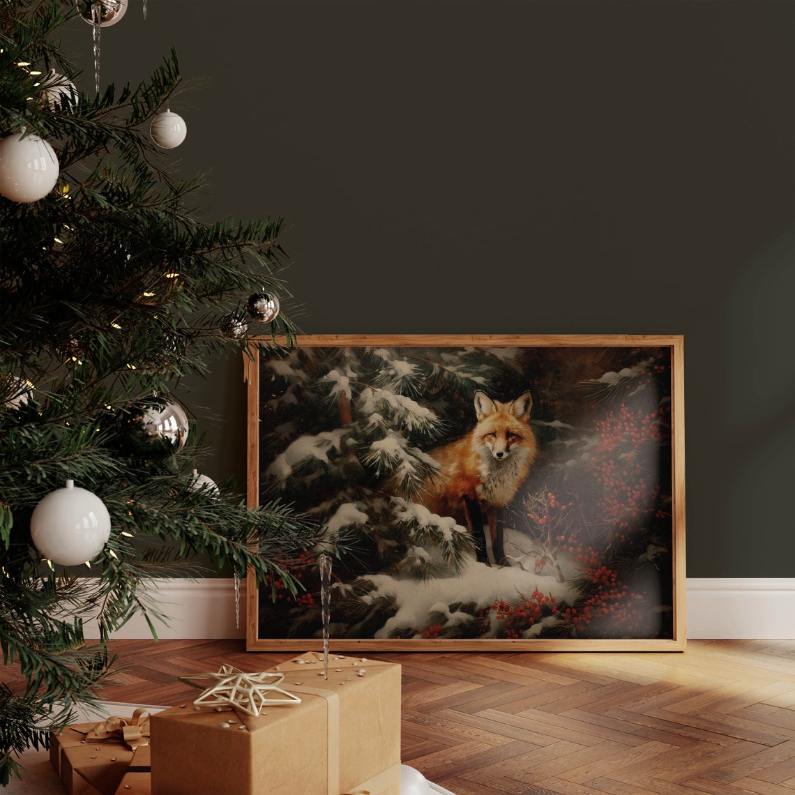 Red Fox Among Snowy Pines and Winter Berries Painting Poster - Image 2