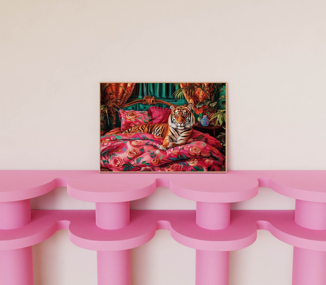 Maximalist Regal Tiger Resting on Pink Floral Bed Jungle Poster - Image 2