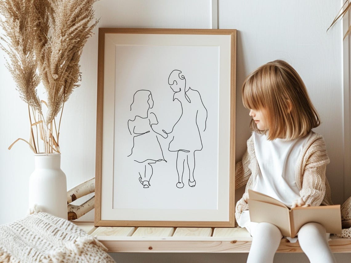 Big Sister Holding Her Little Sister's Hand Line Art Style Poster