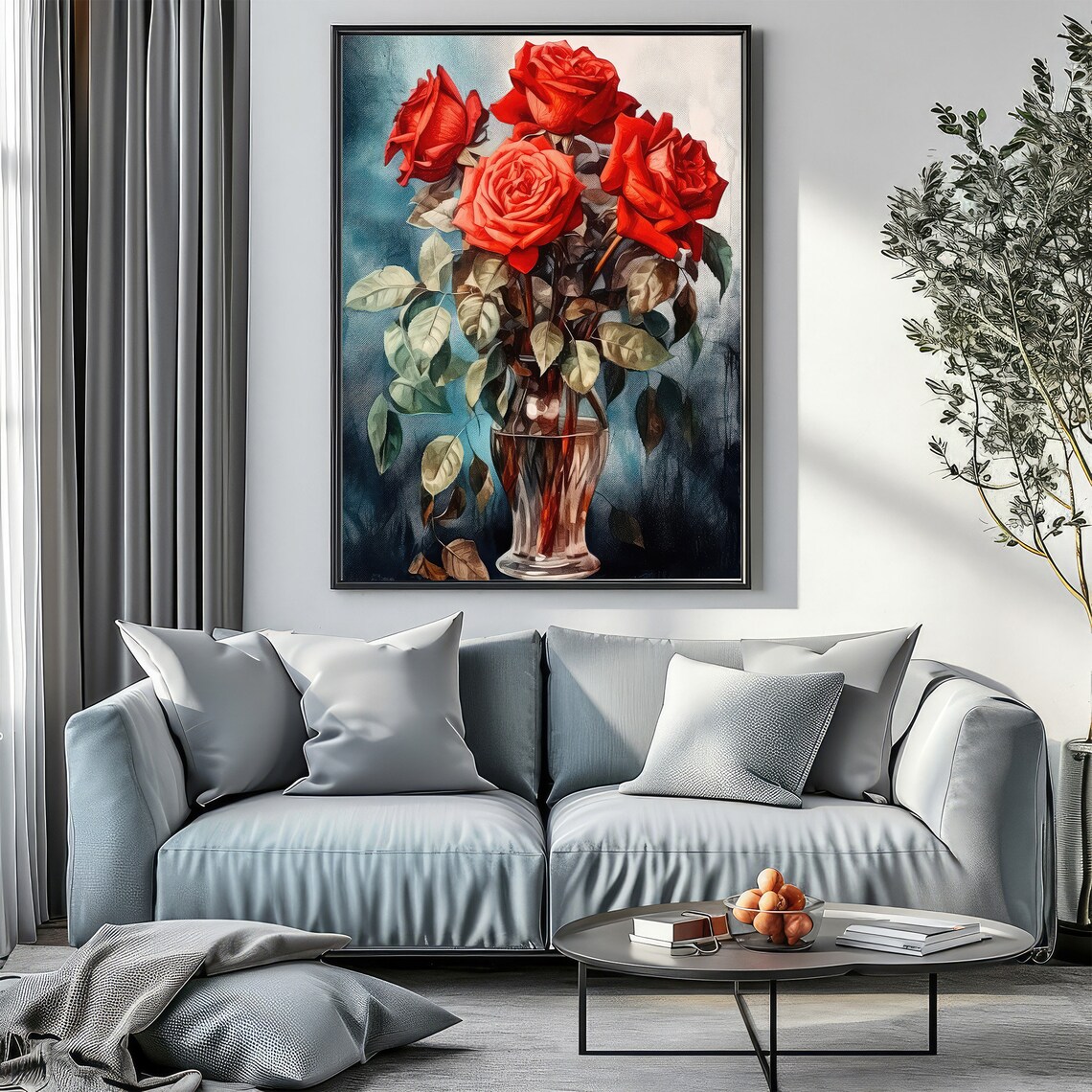 Red Roses Glass Vase Painting Moody Floral Still Life Wall Art - Image 6