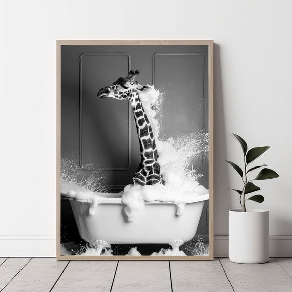 Cute Baby Giraffe In Tub Wall Art Giraffe Photo Giraffe Art Bathroom Art Print