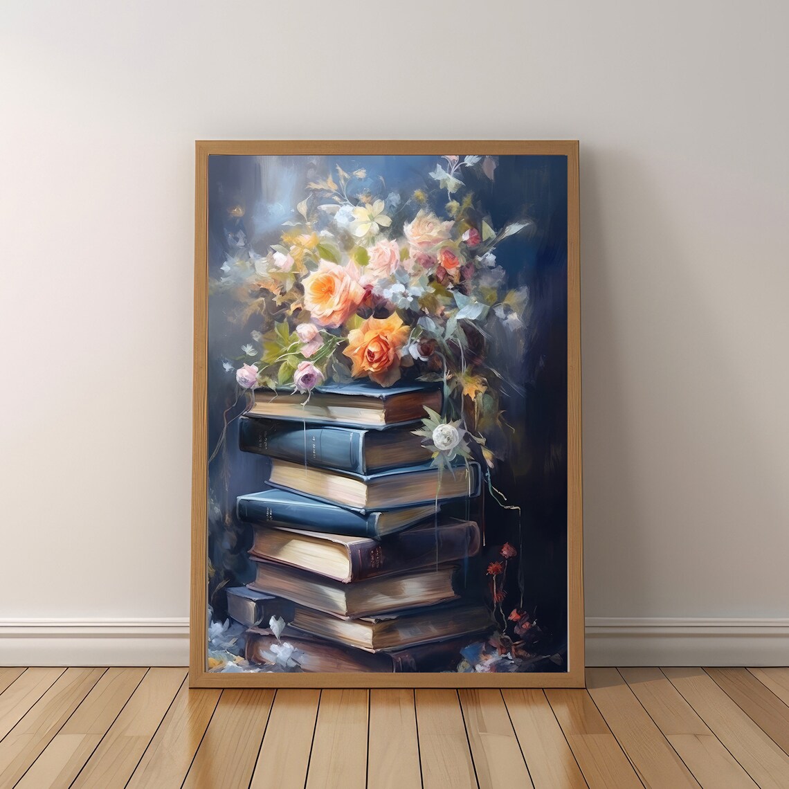 Moody Book Stack Painting Dark Roses Floral Library Decor Wall Art