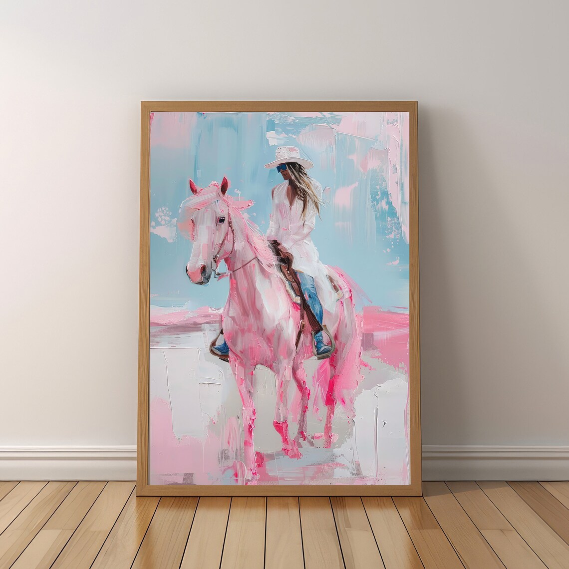 Coastal Cowgirl Riding Pink Horse Pastel Western Painting Poster - Image 5