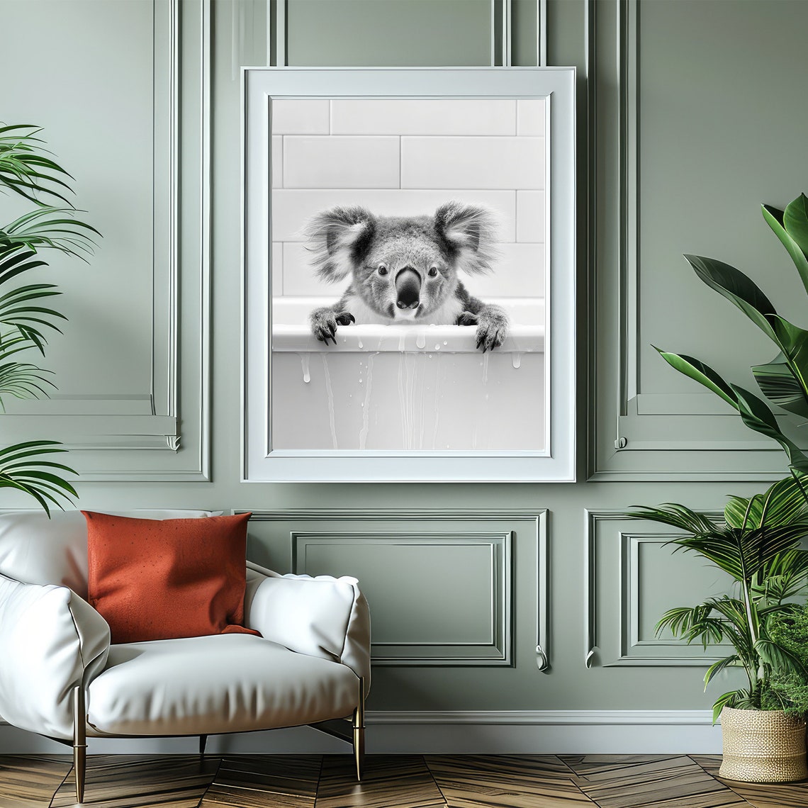 Adorable Koala Peeking Over Bathtub Black And White Nursery Poster - Image 5