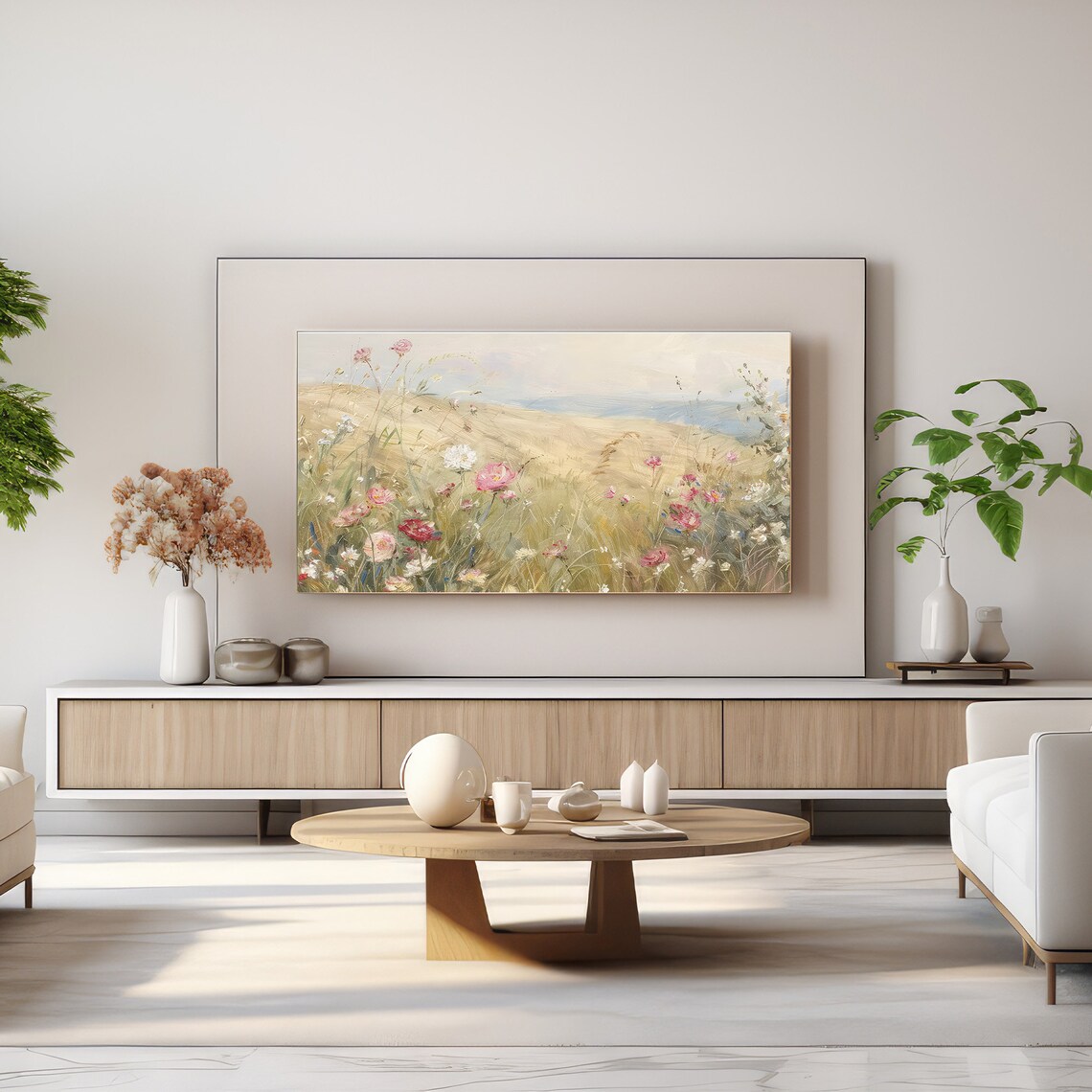Soft Wildflower Meadow Painting Pink Blossoms Golden Field Poster - Image 3