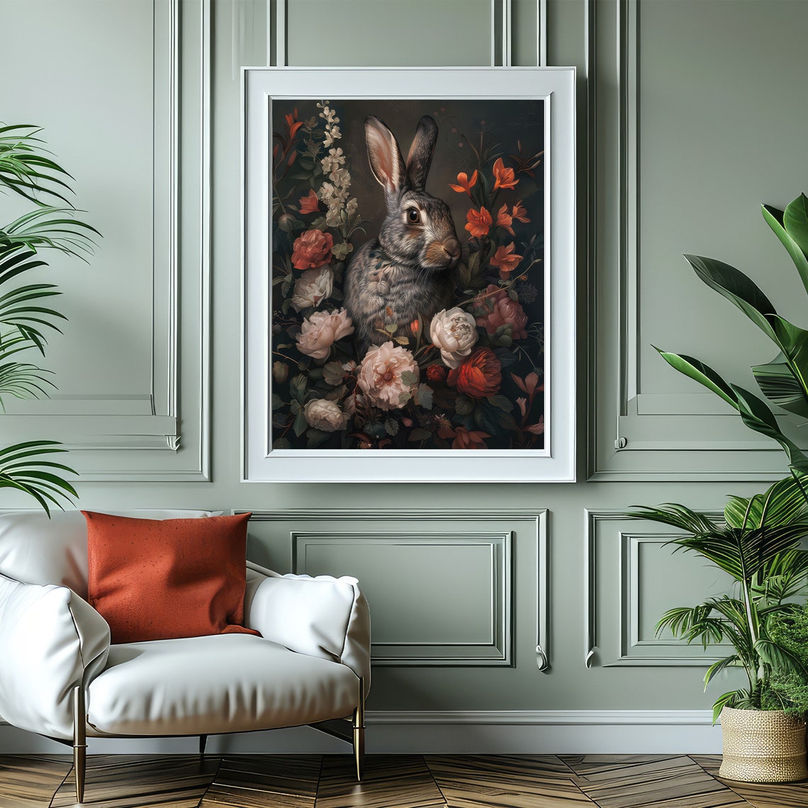 Elegant Rabbit Portrait Among Flowers Dark Botanical Art Poster - Image 5