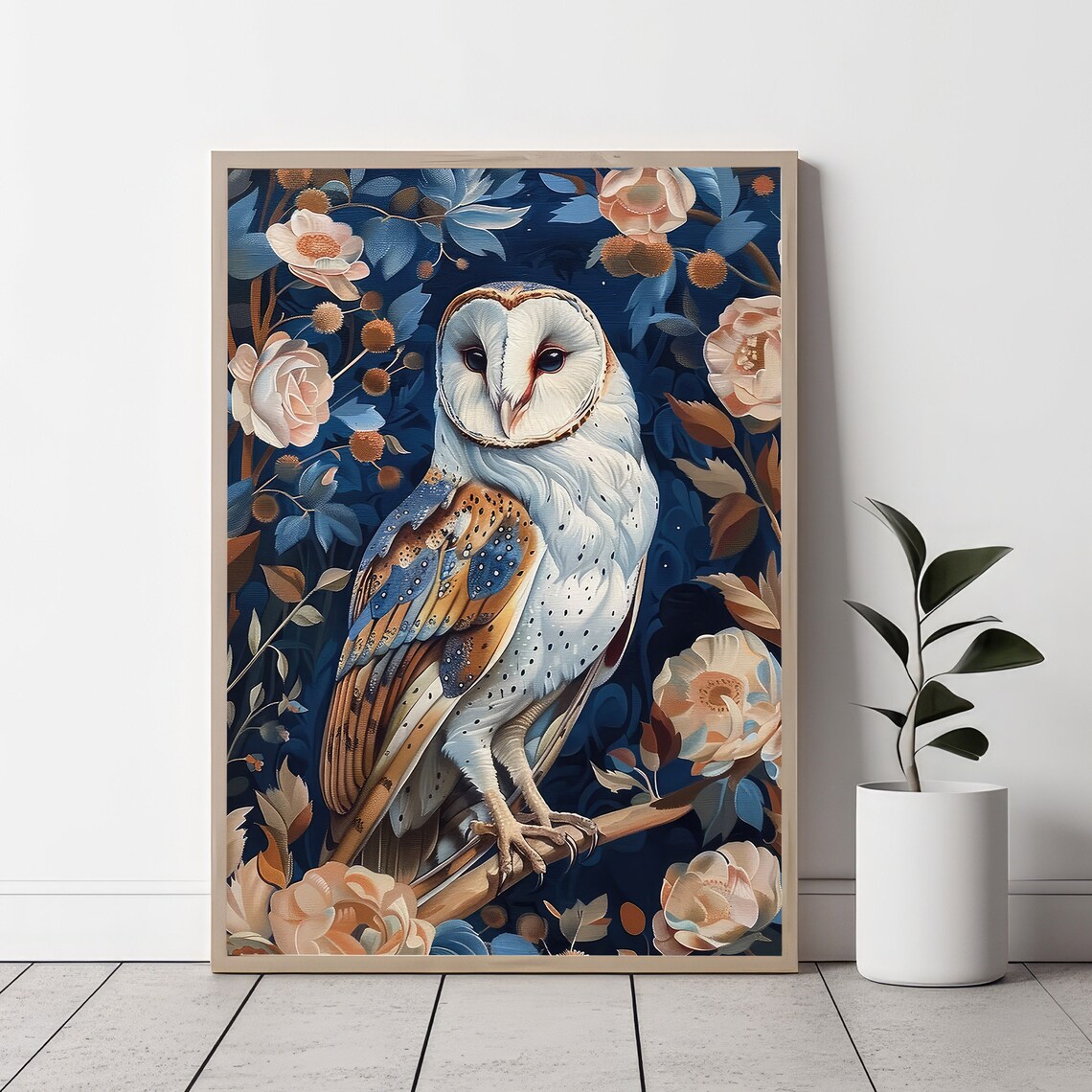 Barn Owl Among Flowers Deep Navy Botanical Illustration Poster