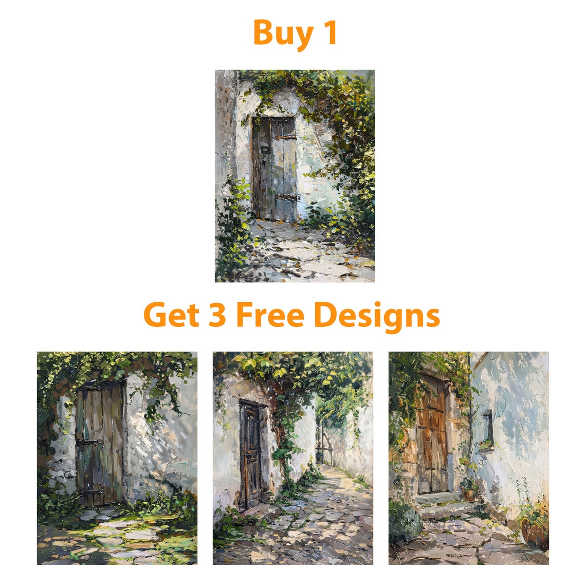 Old Wooden Door Covered In Vines Sunlit Courtyard Oil Art Poster - Image 6