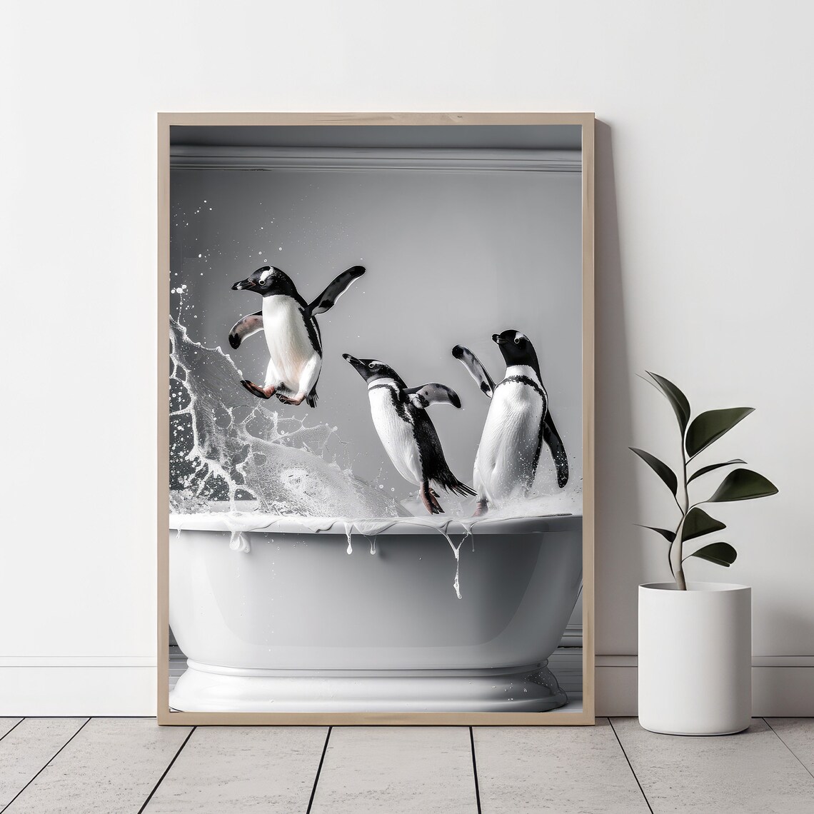 Adorable Penguins In Tub Art Print, Bathroom Decor