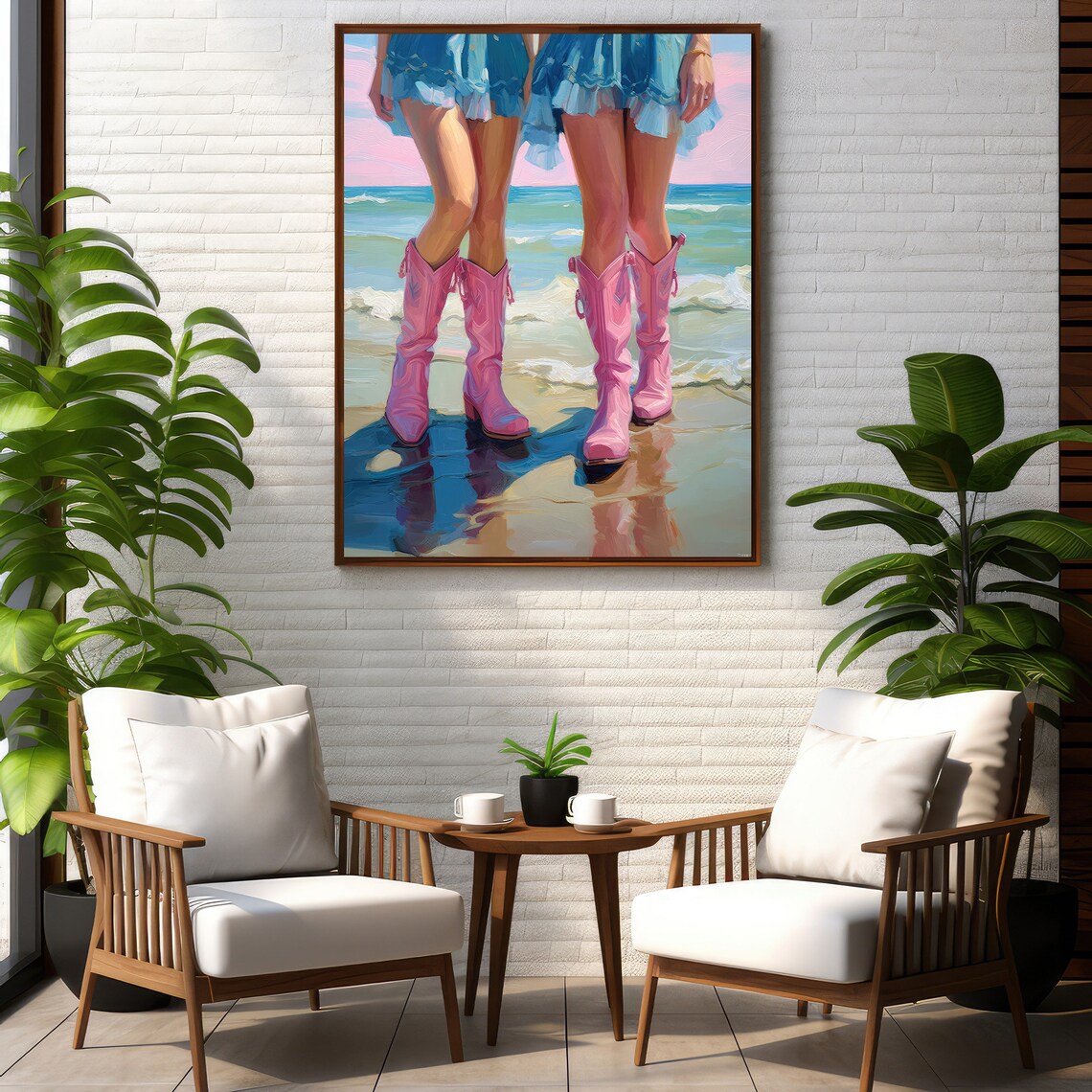 Pink Cowboy Boots Beach Painting Coastal Cowgirl Friends Wall Art - Image 5