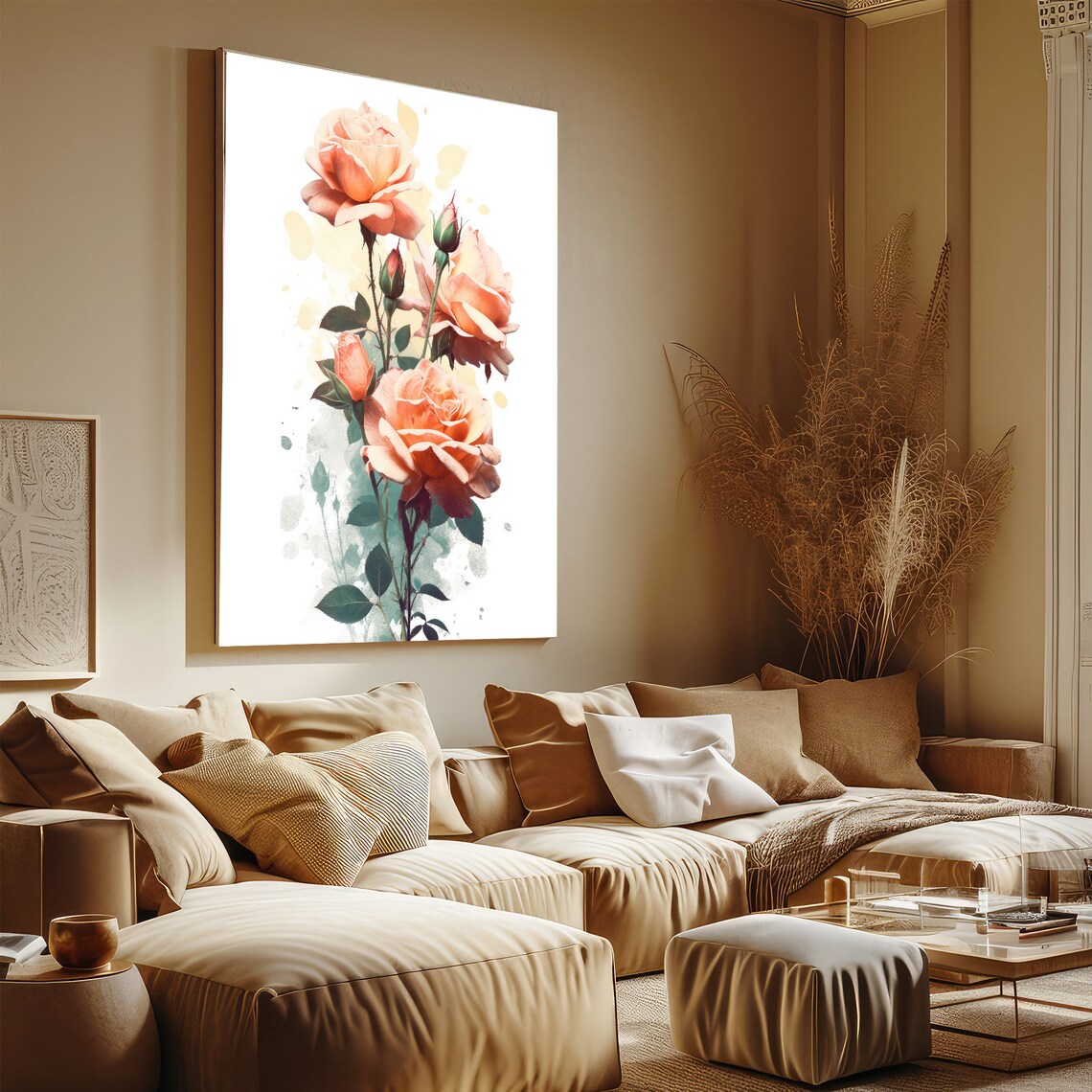 Peach Roses Watercolor Painting Elegant Blush Floral Bouquet Wall Art - Image 4