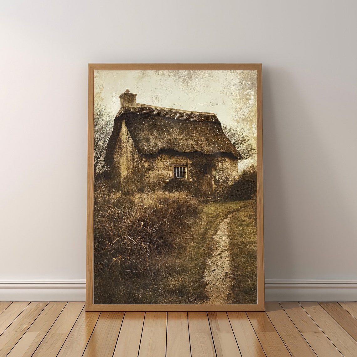 Vintage Sepia Thatched Cottage Countryside Path Photo Art Poster - Image 5
