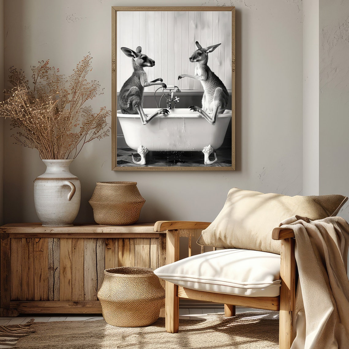 Two Kangaroos Sitting On Bathtub Black And White Funny Poster - Image 3