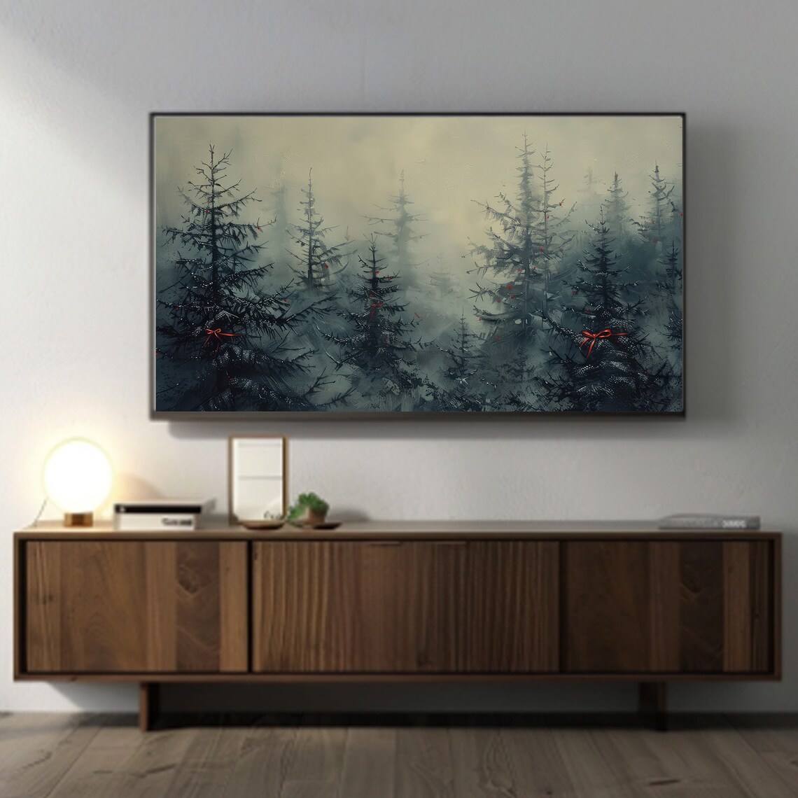Misty Winter Pine Forest Red Ribbon Bows Vintage Christmas Poster - Image 3