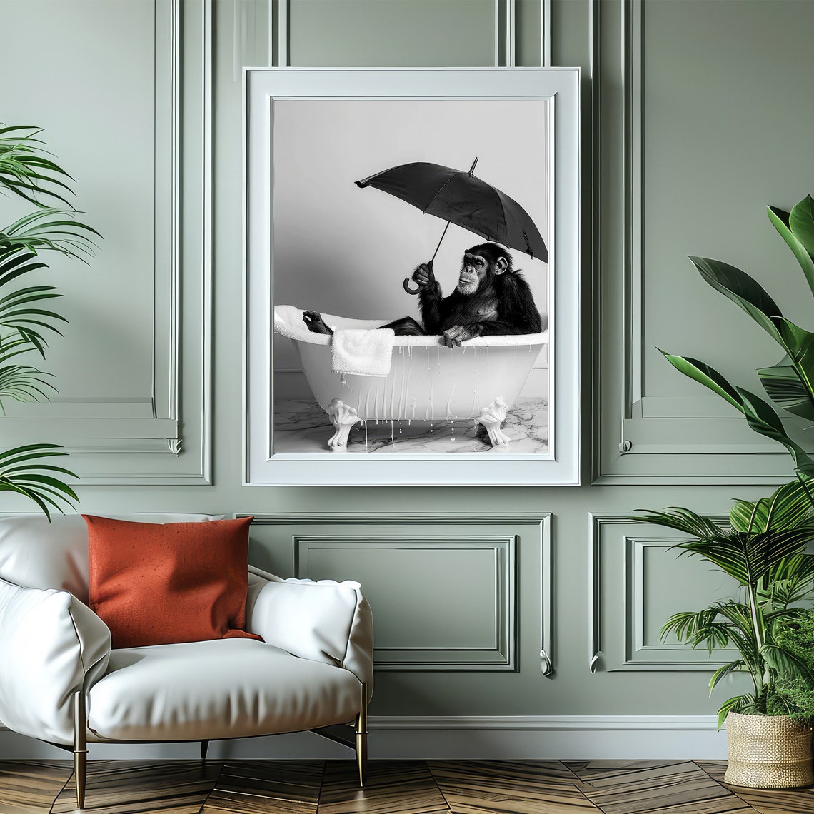 Funny Chimpanzee With Umbrella In Bathtub Black And White Poster - Image 4