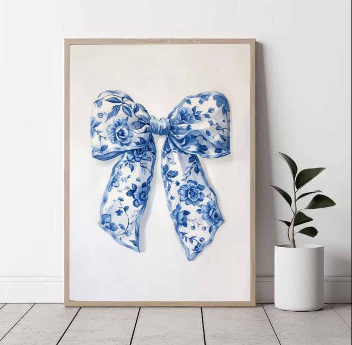 Elegant Blue White Floral Bow Chinoiserie Vintage Decorative Poster