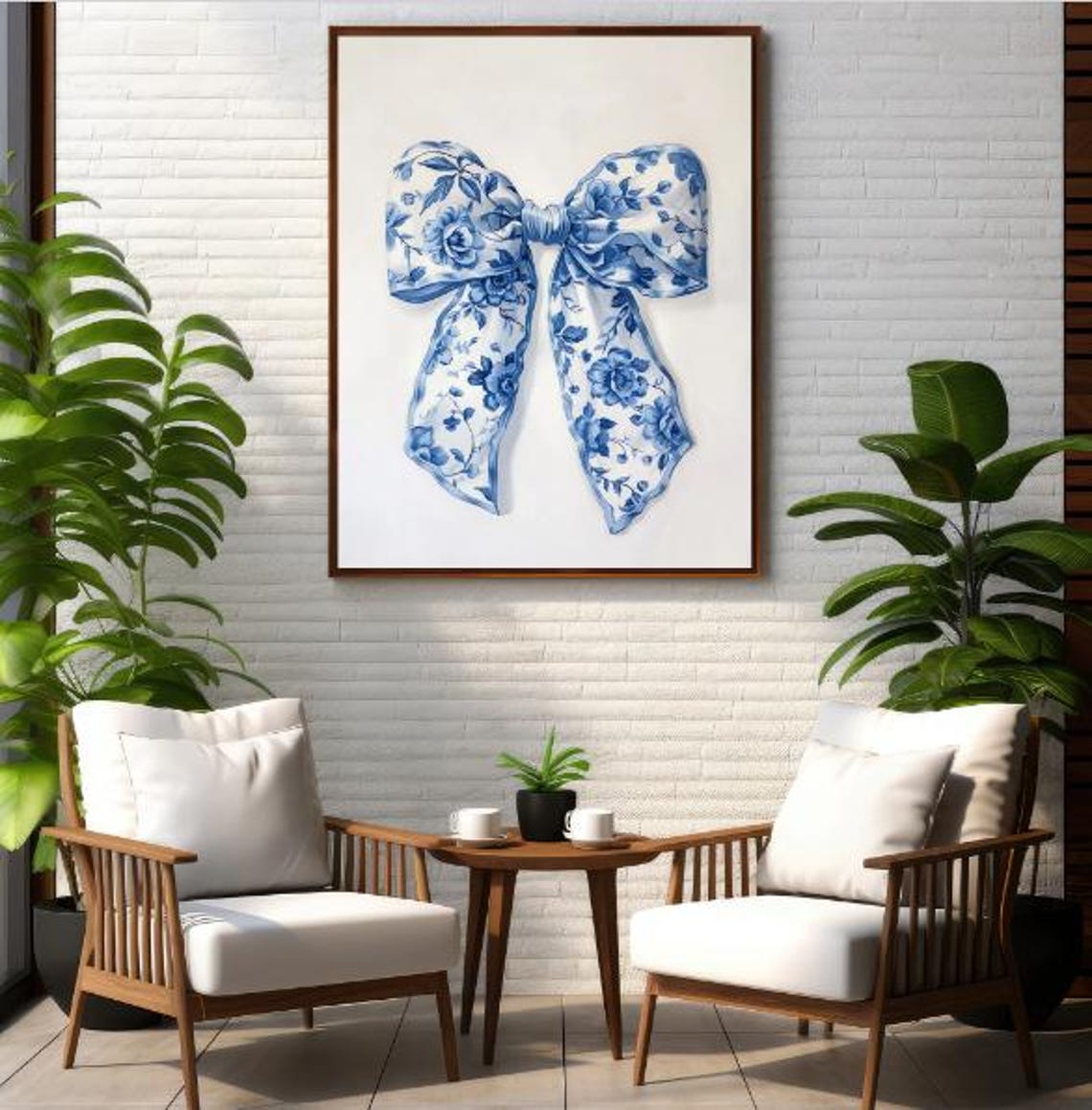 Elegant Blue White Floral Bow Chinoiserie Vintage Decorative Poster - Image 2