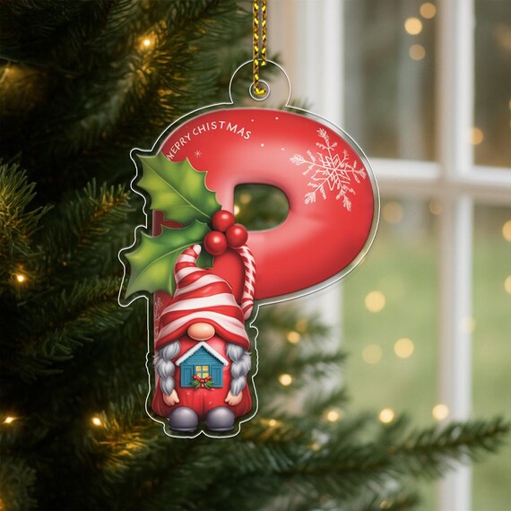 Letter P Gnome Christmas Initial Ornament Holly Snowflake Holiday Print