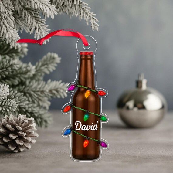 Custom Name Beer Bottle Ornament Christmas Lights Gift Wall Art