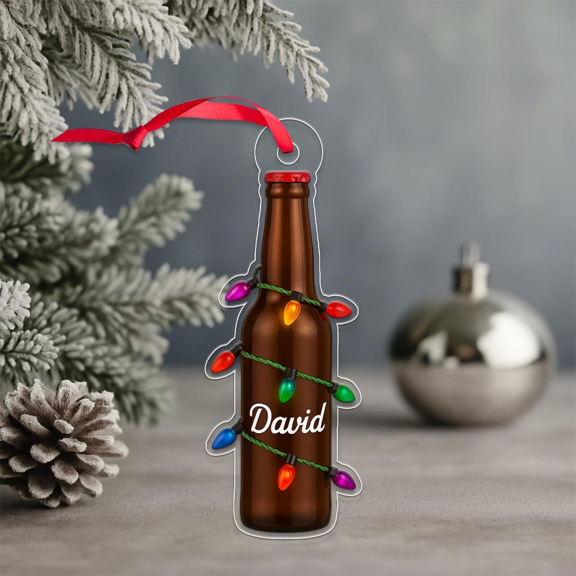 Custom Name Beer Bottle Ornament Christmas Lights Gift Wall Art