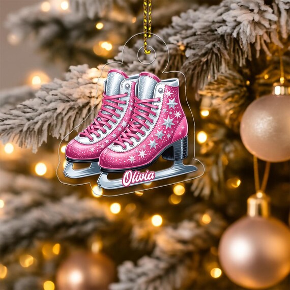 Pink Ice Skates Christmas Ornament Custom Name Olivia Winter Wall Art