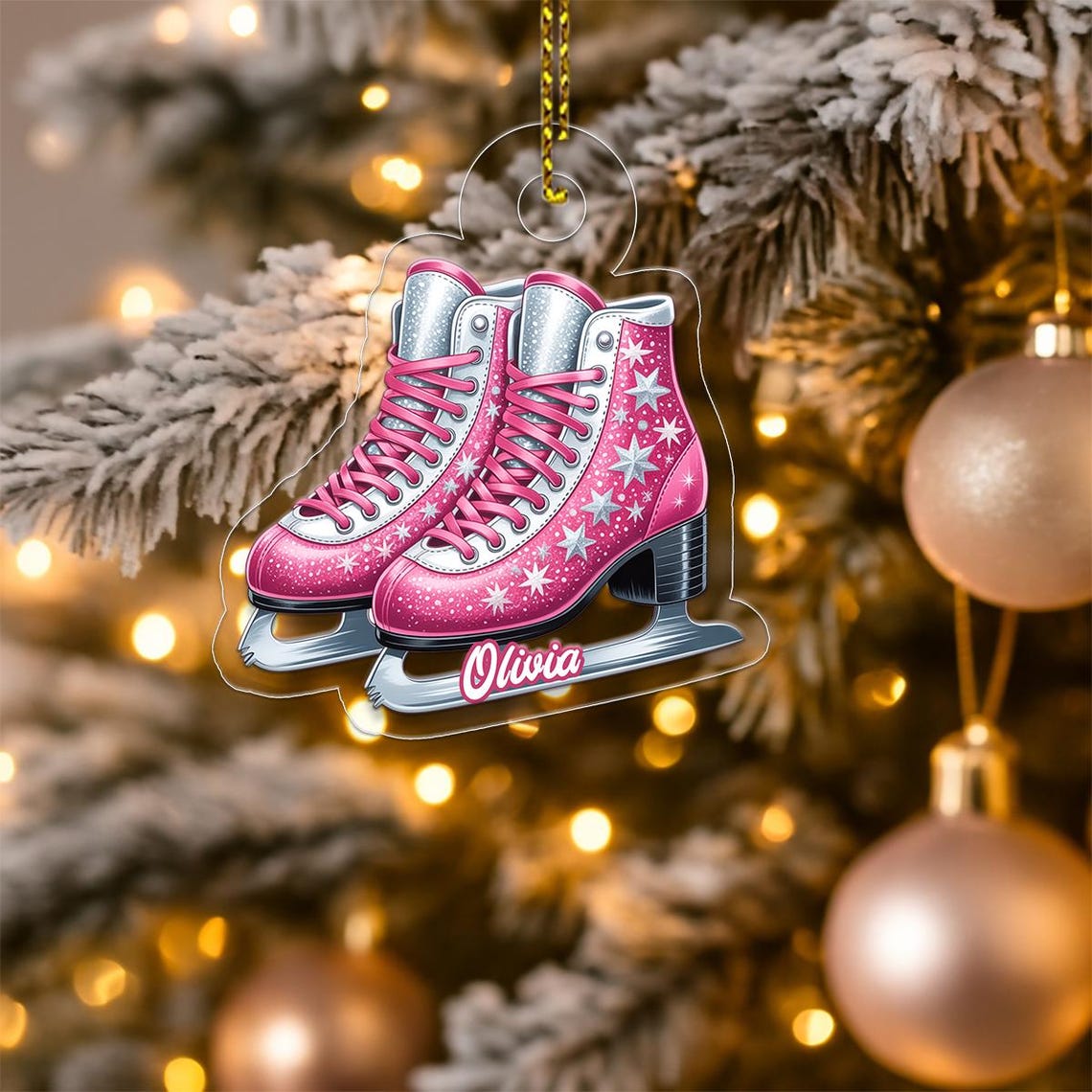 Pink Ice Skates Christmas Ornament Custom Name Olivia Winter Wall Art