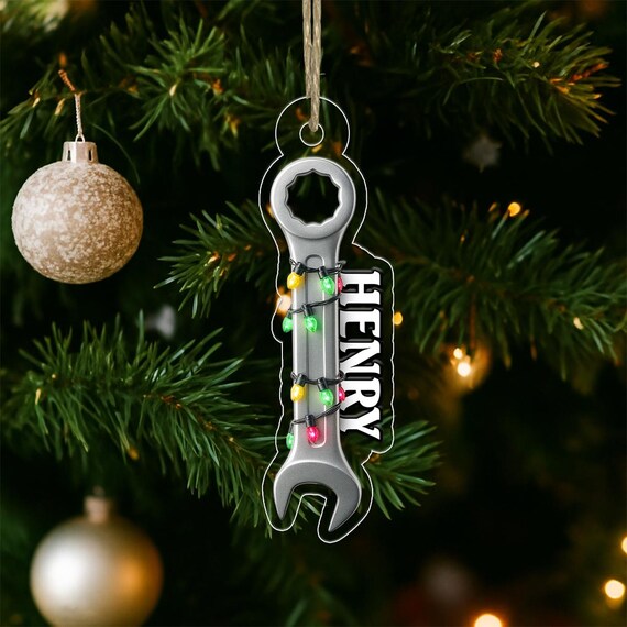 Personalized Wrench With Christmas Lights Custom Name Ornament Poster