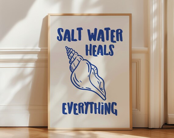 Salt Water Heals Everything Blue Shell Coastal Beach House Wall Art