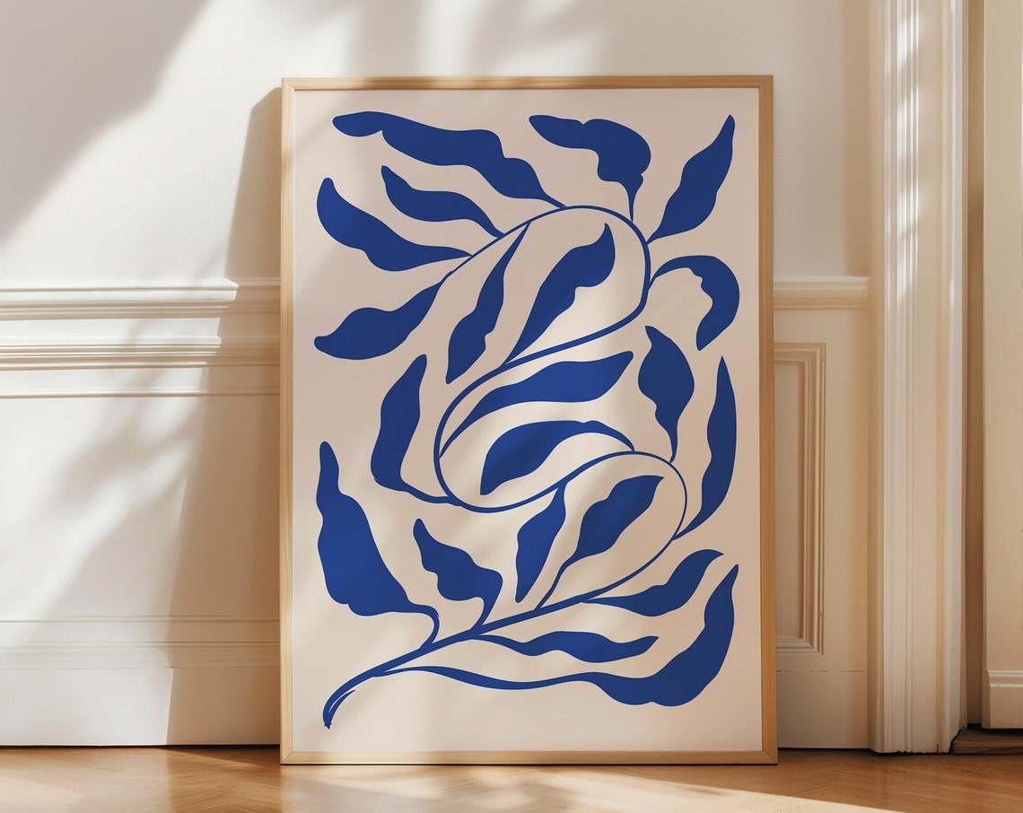 Cobalt Blue Botanical Leaf Abstract Matisse Style Cream Art Poster