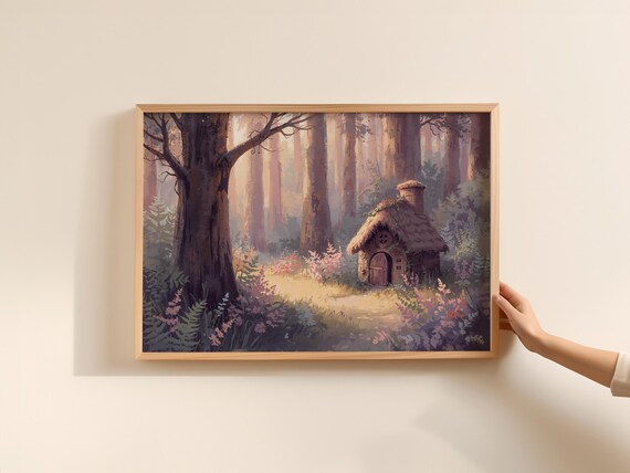 Fairytale Forest Cottage Thatched Roof Sunlit Woodland Print