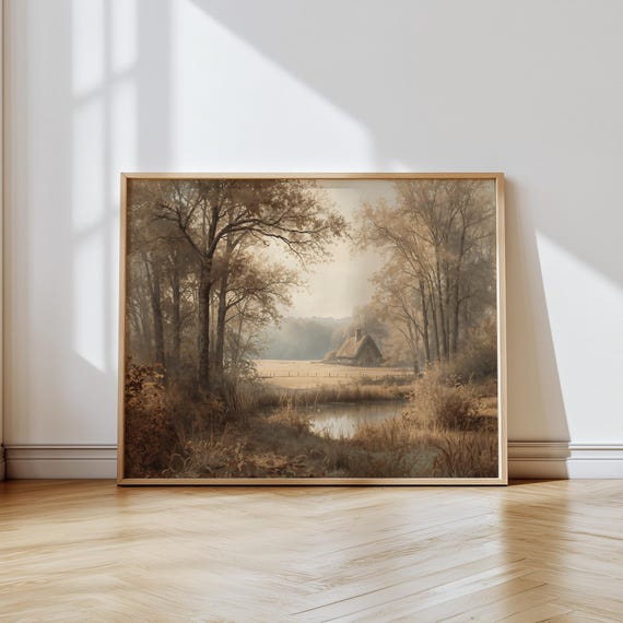 Vintage Countryside Landscape Print Muted Tall Tree Painting
