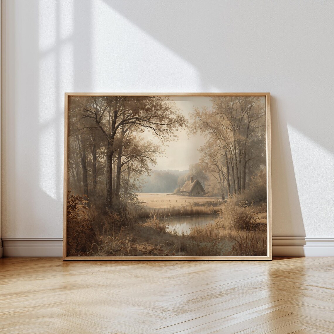 Misty Woodland Lake with Thatched Cottage Oil Painting Poster