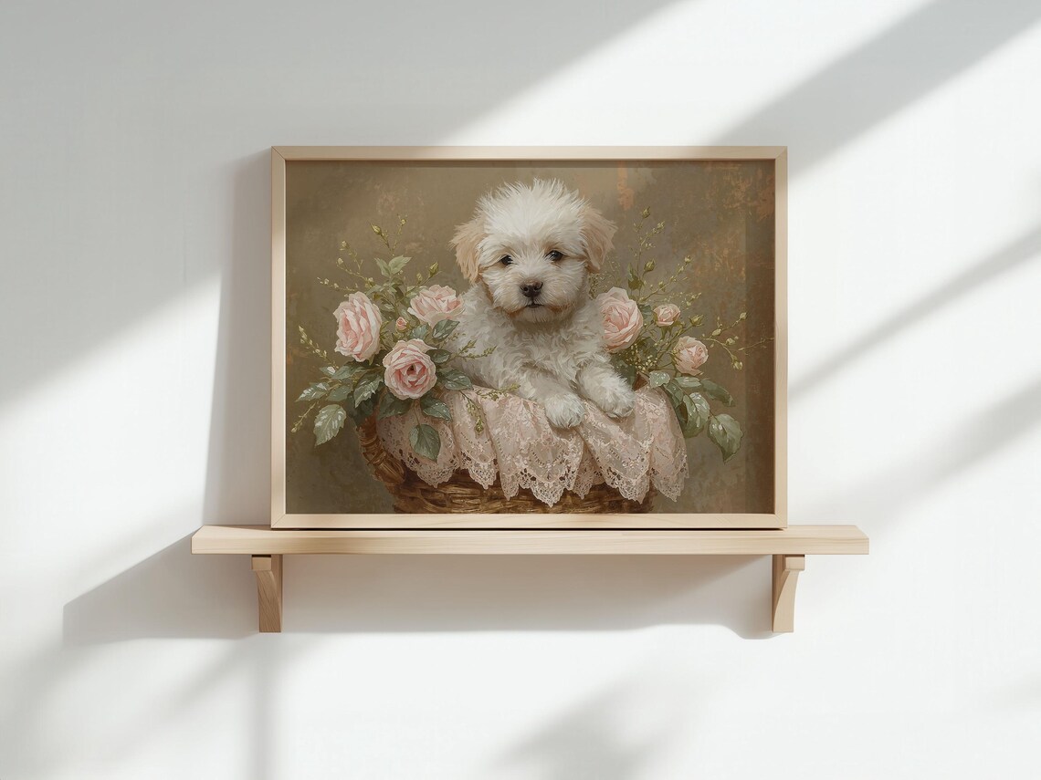 Fluffy White Puppy in Rose Basket Lace Vintage Pet Painting Poster