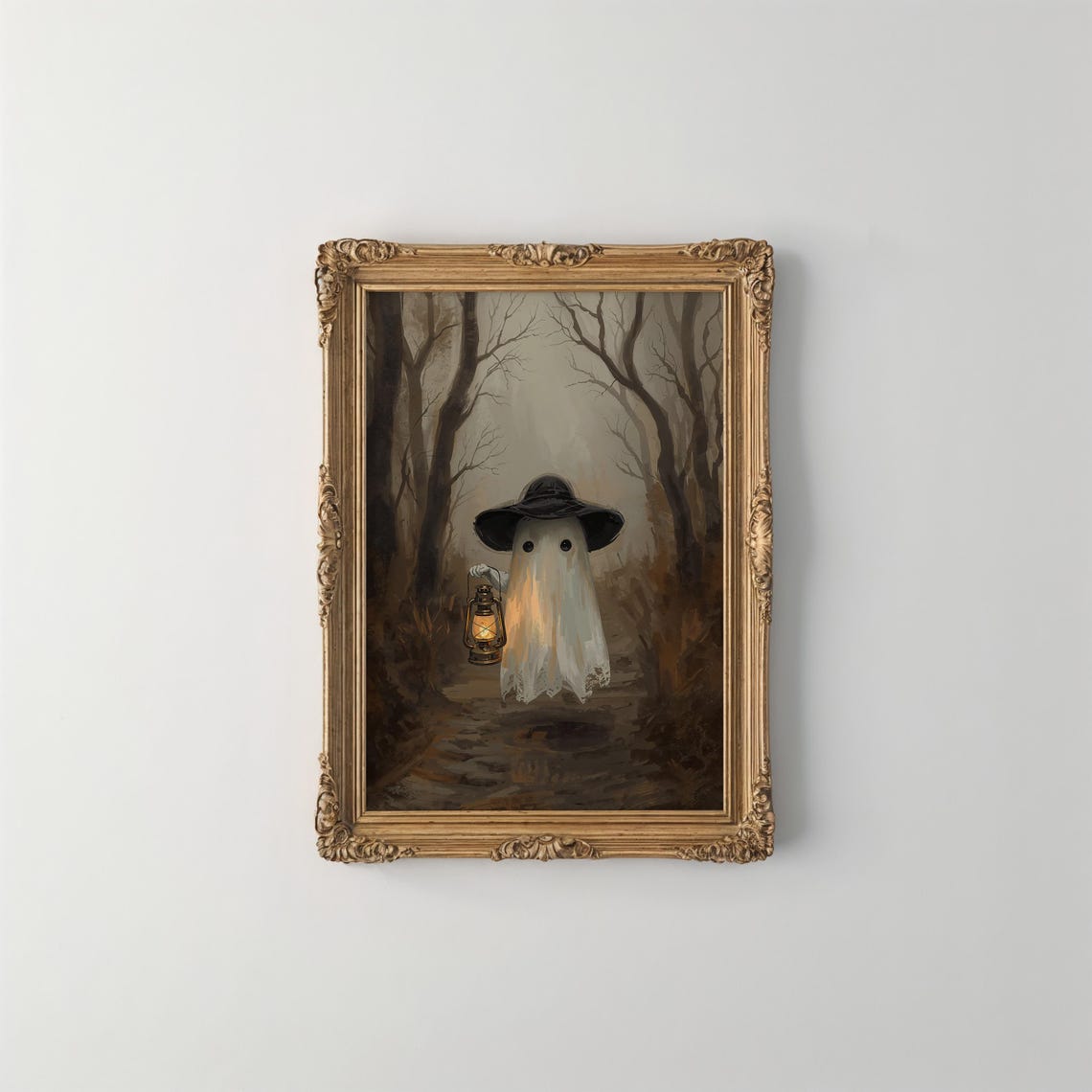 Ghost With Lantern In Misty Forest Path Witch Hat Fall Poster