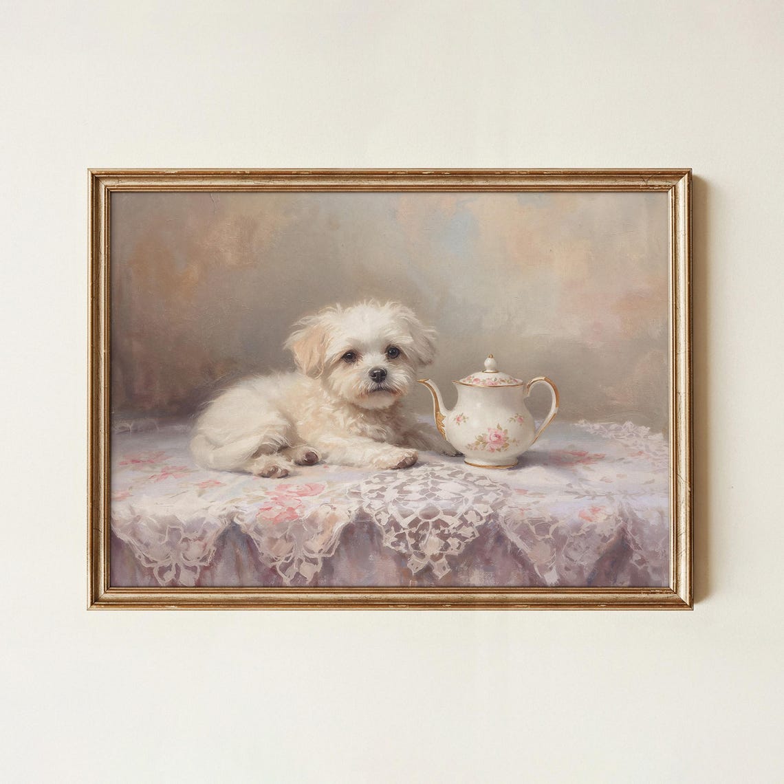 Fluffy White Puppy With Porcelain Teapot on Lace Table Painting Poster