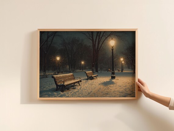 Vintage Winter Park Night Snowy Benches Glowing Lamppost Poster