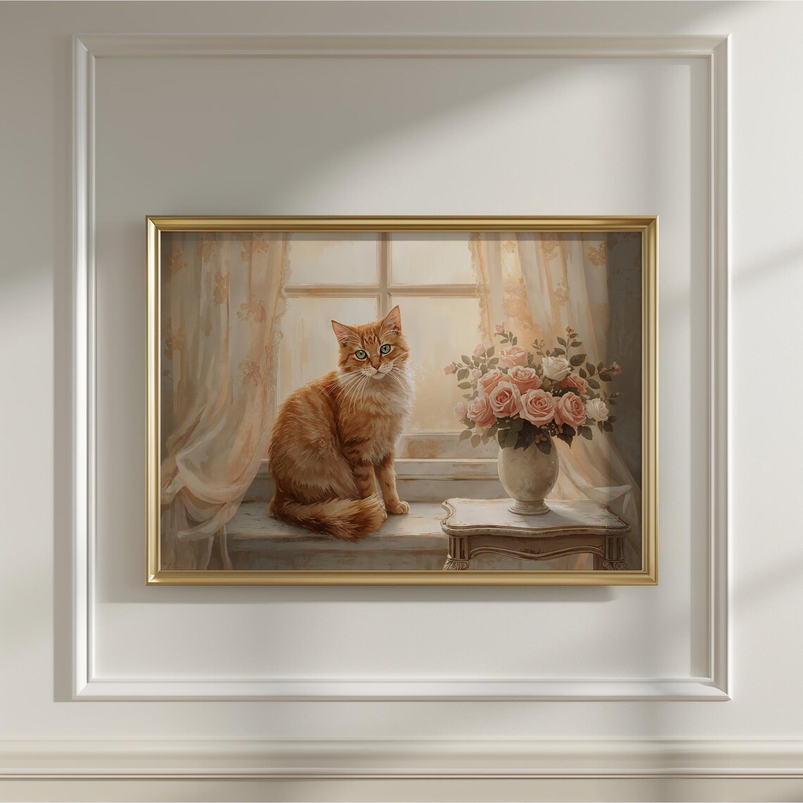Ginger Cat by Sunny Window With Pink Roses Warm Golden Framed Art Poster