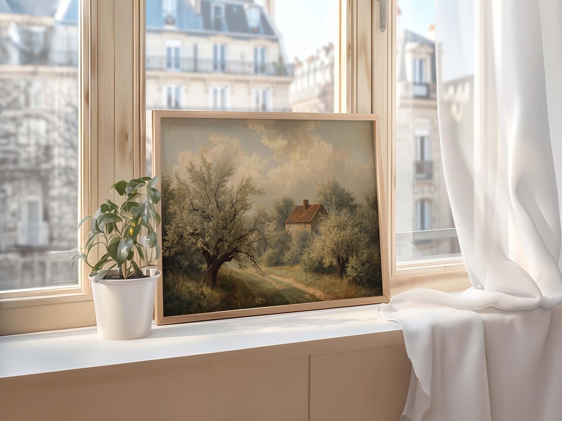 Sunny Orchard Trees And Farmhouse Muted Vintage Landscape Print