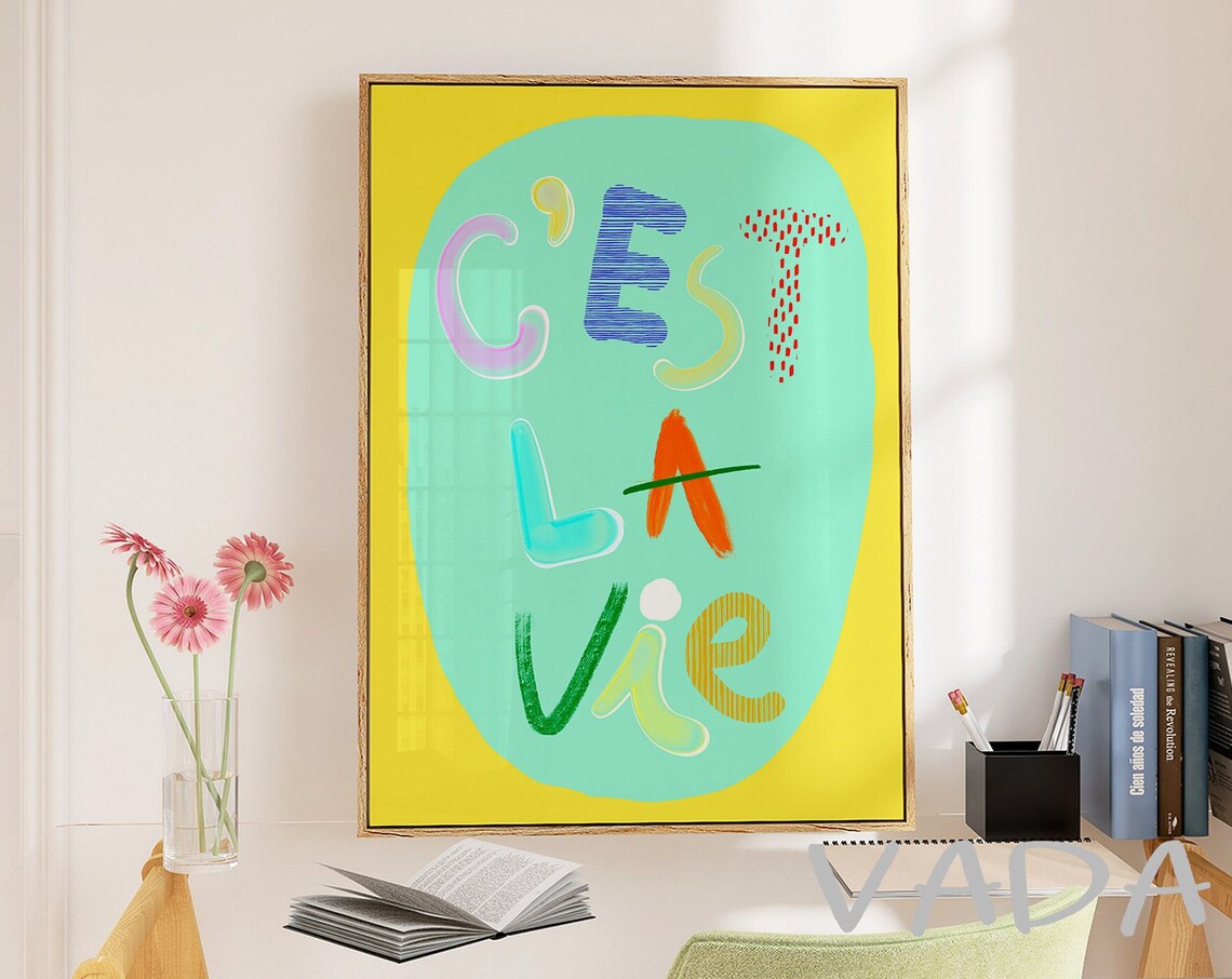 C Est La Vie Colorful Hand Drawn Letters Cheerful Quote Art Poster