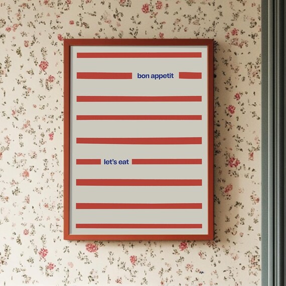 Bon Appetit Print Red Striped Poster Cute Stripe Poster Bon Appetit Lets Eat French Print Unique Wall Art Farm House Aesthetic