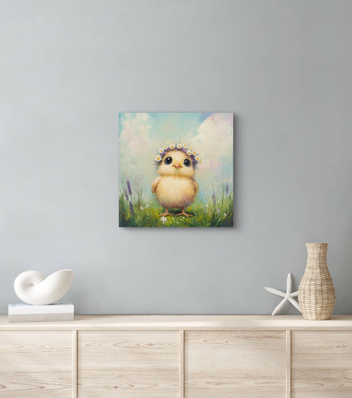 Cute Baby Chick Daisy Flower Crown Spring Meadow Oil Painting Poster - Image 2