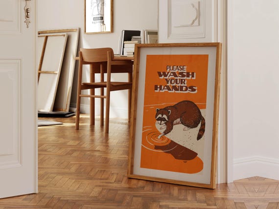 Please Wash Your Hands Raccoon Bathroom Sign Wall Decor Poster