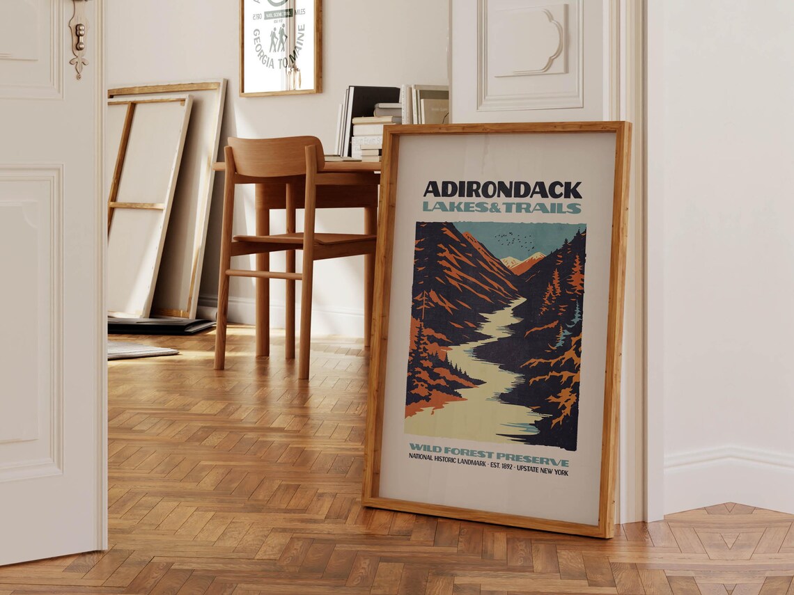 Adirondack Hiking Retro Travel Poster, Wild Forest